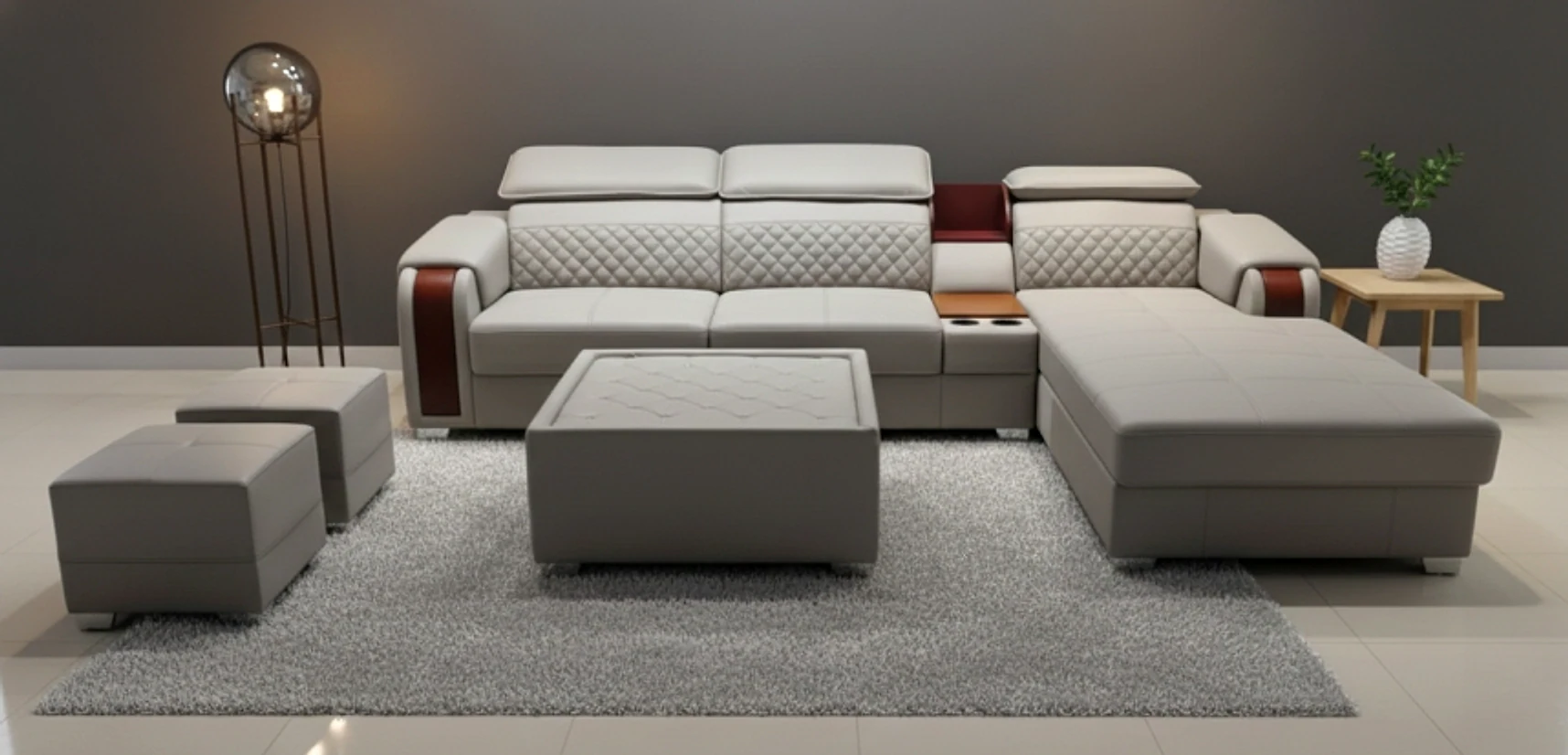 Aurex Sofa Set — Lounger (RH) + 2 Pouffes + Centre Table