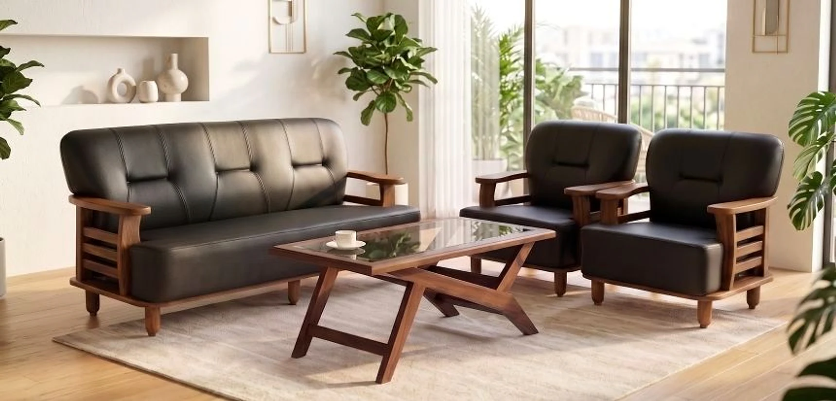 Duro Wooden Sofa Set — Leatherite