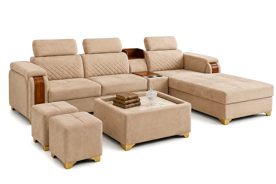 IK-149 Corner Sofa Set with Center Table & 2 Puffy