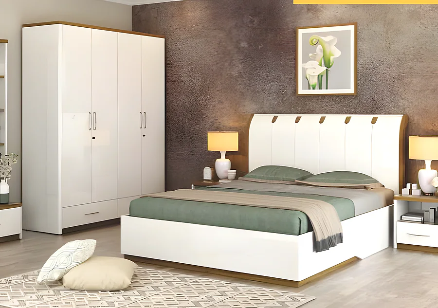 Jupiter Queen Bed Set with 4 Door Wardrobe