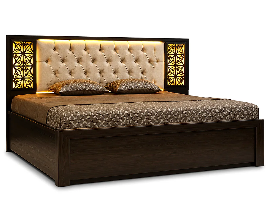 Cushion LED Light Queen Bed with MDF Polish