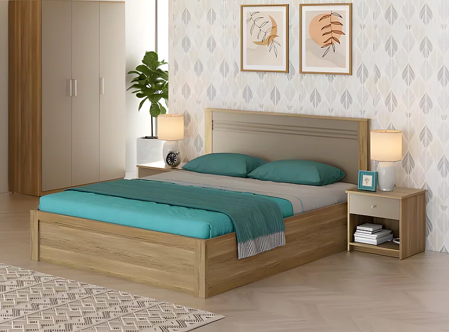 Nester King Bed Front Pull Out Storage-Sebastian Oak