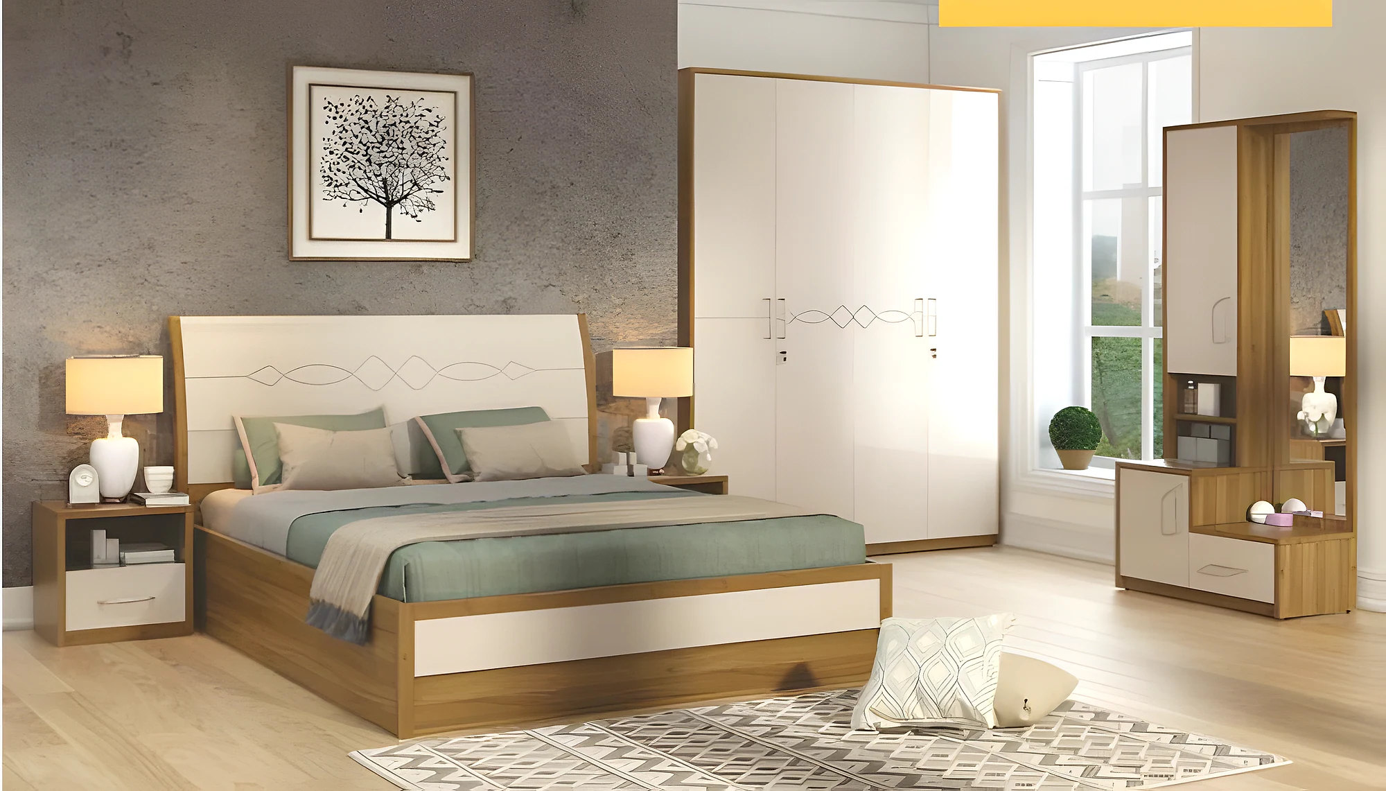 Pearl King Bed Set with 4 Door Wardrobe