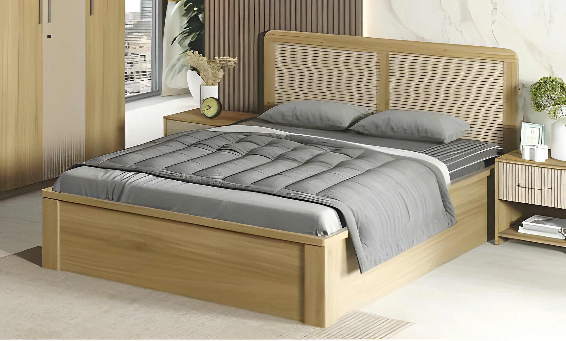 Cleo Queen Bed 3/4TH Lift on Storage-Santana Oak & Bamboo Flute